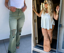Load image into Gallery viewer, PREORDER: TALL Blakeley Distressed Jeans In Olive and Camel TALL Inseam Ends 8/15
