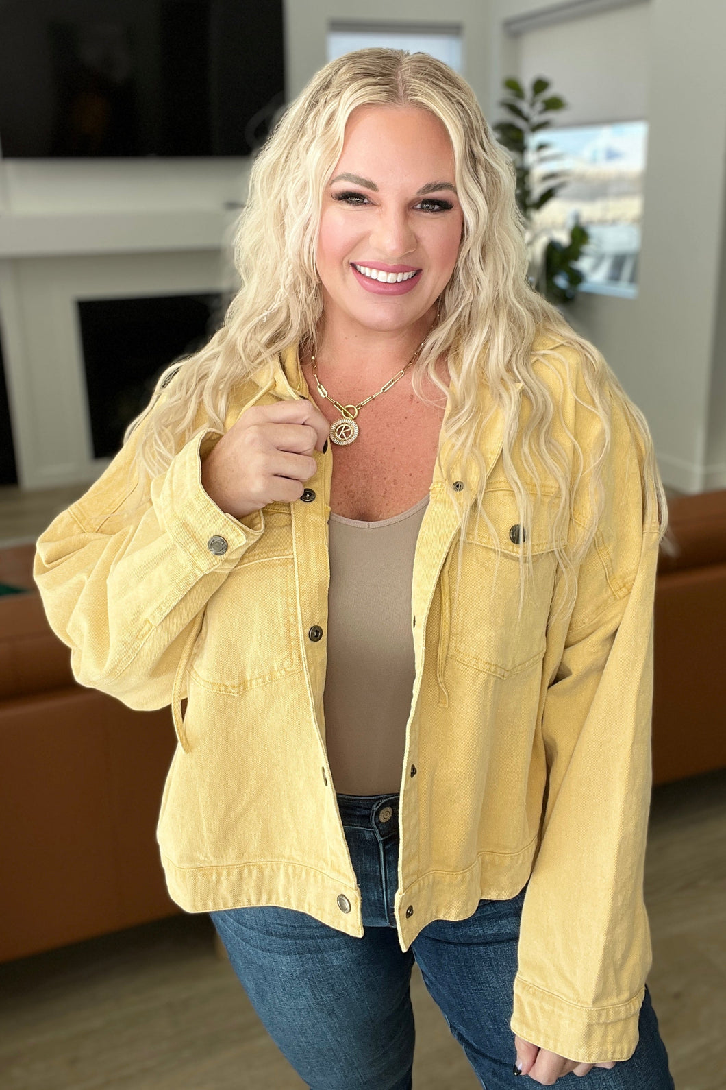 GEEGEE- Cropped Hooded Denim Jacket in Mustard