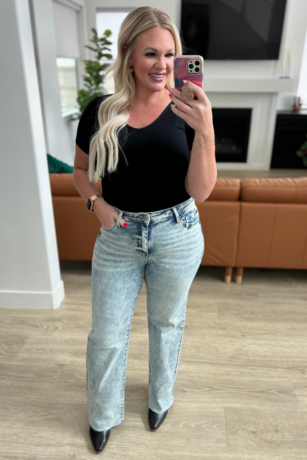 JUDY BLUE- Dory High Waist Mineral Wash Raw Hem Wide Leg Jeans